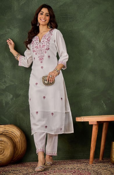 White Silk Blend Embroidered Kurta with Bottom