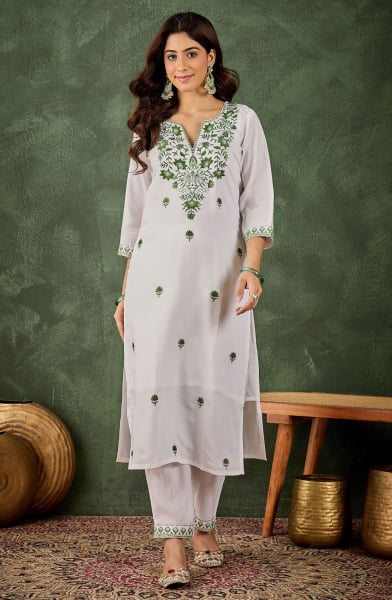 White Silk Blend Embroidered Kurta with Bottom