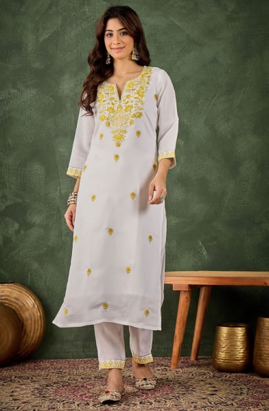 White Silk Blend Embroidered Kurta with Bottom