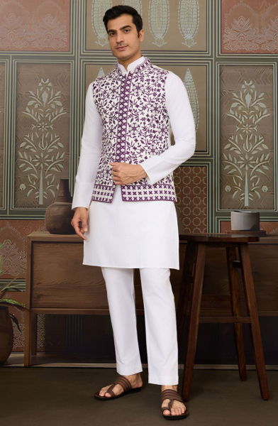 White Silk Readymade Kurta Set with Jacket