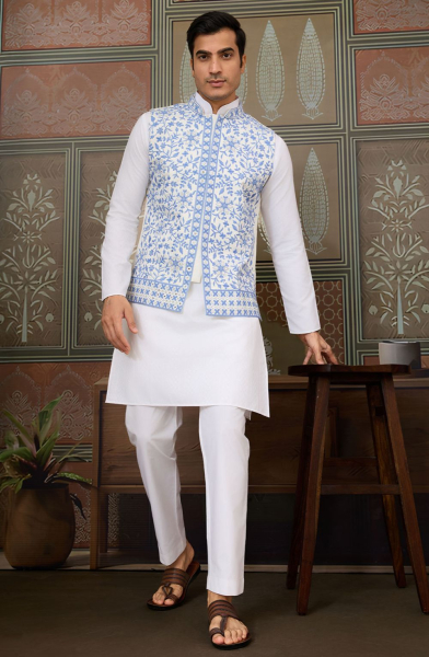 White Silk Readymade Kurta Set with Jacket