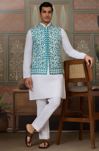 White Silk Readymade Kurta Set with Jacket