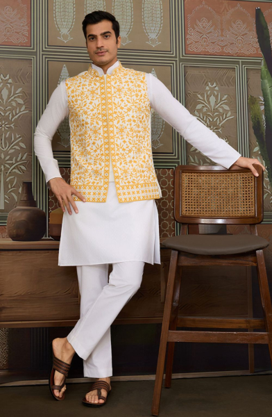 White Silk Readymade Kurta Set with Jacket