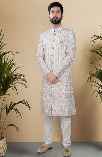 White Silk Sherwani for Wedding