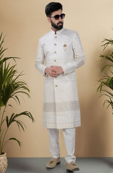 White Silk Sherwani for Wedding