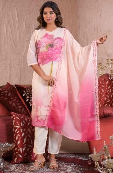 White Tabby Silk Readymade Pant Kameez