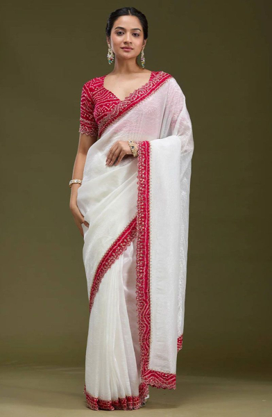 White Tissue Crush Saree for Ceremonial