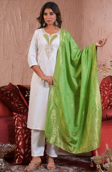 White Viscose Blend Readymade Pant Kameez