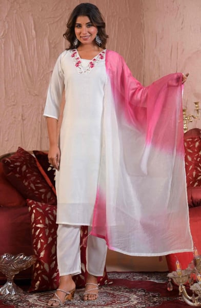 White Viscose Chanderi Readymade Pant Kameez