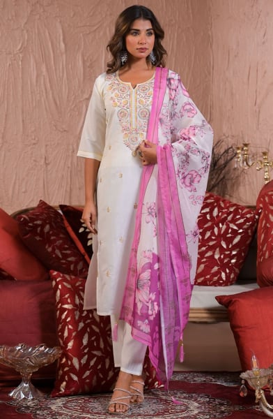 White Viscose Chanderi Readymade Pant Kameez