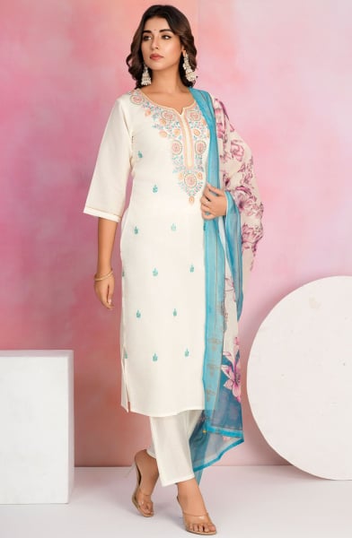 White Viscose Chanderi Readymade Pant Kameez