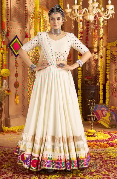 White Viscose Rayon Embroidered Chaniya Choli for Festival
