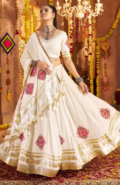 White Viscose Rayon Embroidered Chaniya Choli for Festival
