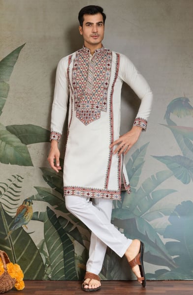 White Viscose Silk Embroidered Kurta for Festival
