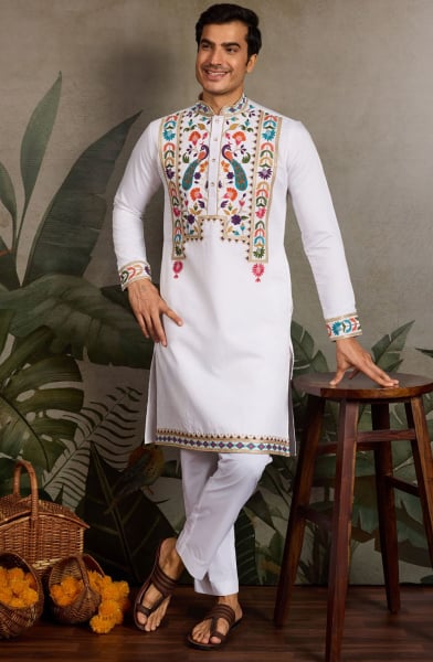 White Viscose Silk Embroidered Kurta for Festival