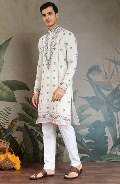 White Viscose Silk Kurta for Festival
