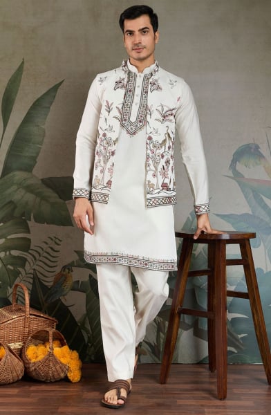 White Viscose Silk Kurta Pyjama Set with Jacket