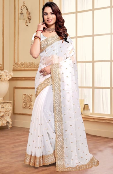 White Zari Embroidered Burberry Silk Saree