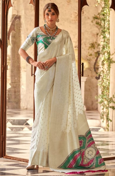 White Zari Woven Soft Silk Saree
