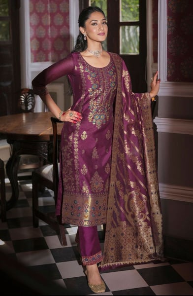 Wine Banarasi Silk Pant Kameez with Weaving