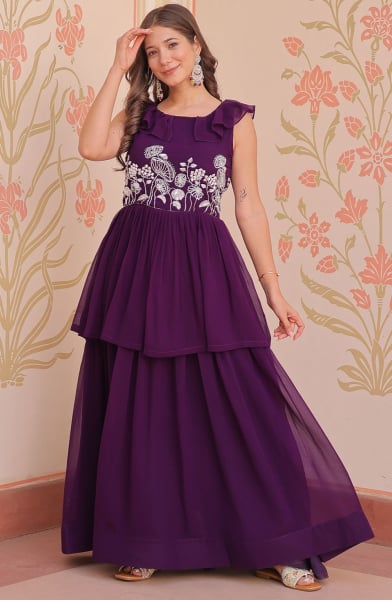 Wine Beads Embroidered Faux Georgette Gown