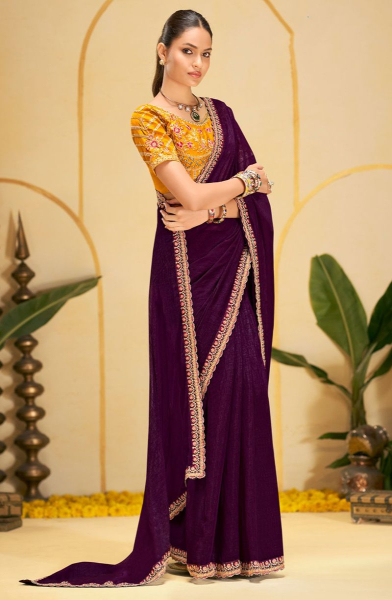Wine Chiffon Saree with Embroidered Blouse