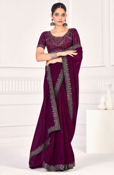 Wine Chiffon Saree with Embroidered Blouse