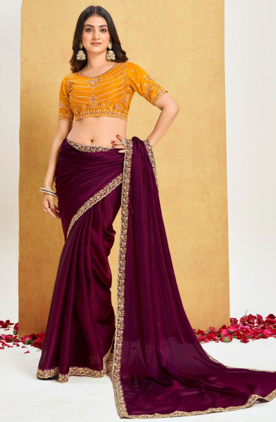 Wine Chiffon Saree with Embroidered Blouse