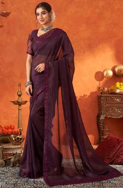 Wine Chiffon Silk Saree with Embroidered Blouse