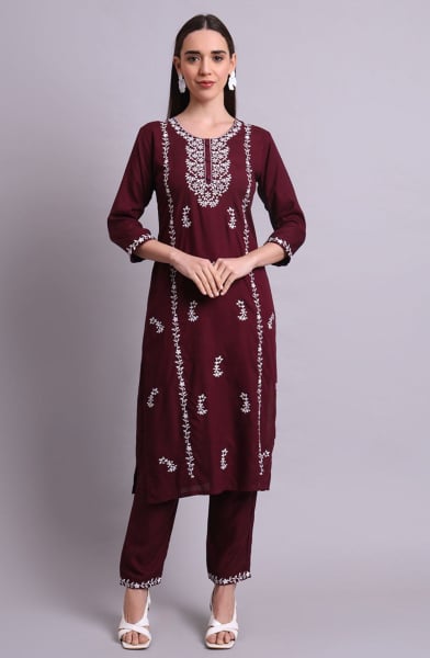 Wine Cotton Embroidered Kurta with Bottom