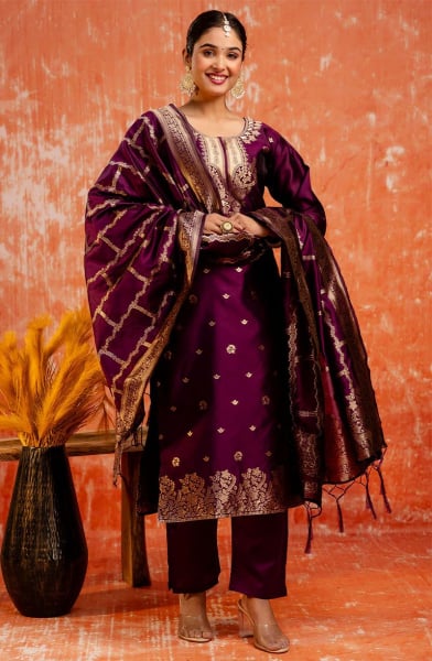 Wine Cotton Silk Blend Readymade Suit