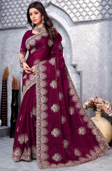 Wine Crape Silk Embroidered Saree