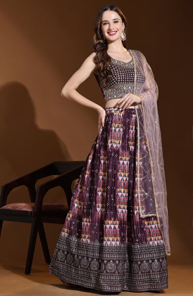 Wine Crush Chinnon Lehenga Choli Set for Party