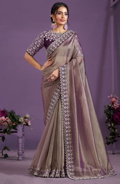 Wine Designer Embroidered Saree