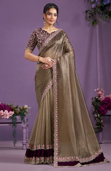 Wine Designer Embroidered Saree