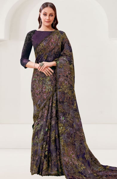 Wine Designer Embroidered Saree