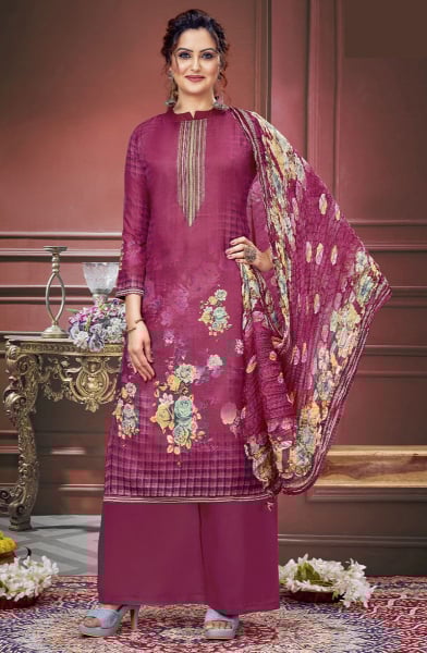 Wine Digital Print Pure Muslin Palazzo Kameez
