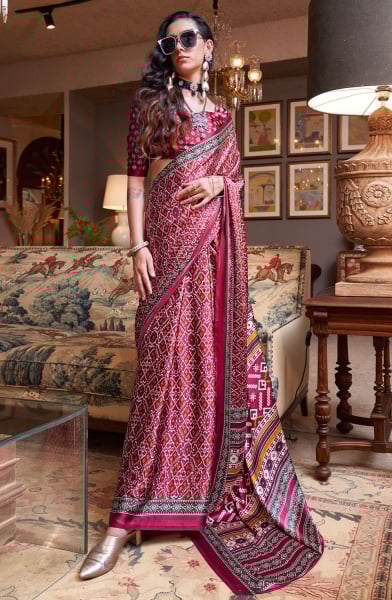 Wine Digital Print Satin Crepe Saree