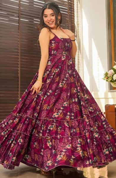 Wine Digital Printed Flared Rayon Gown
