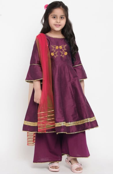 Wine Dupion Silk Readymade Suit for Girls