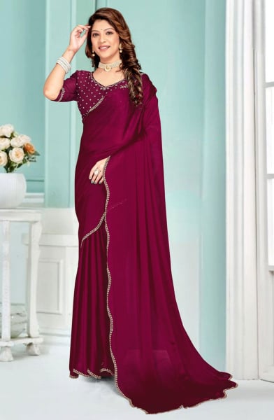 Wine Embellished Satin Chiffon Silk Saree