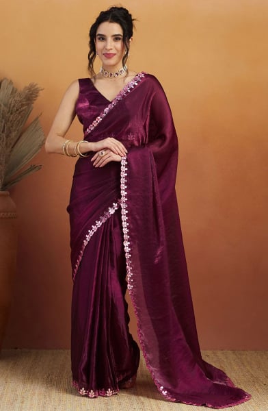 Wine Embellished Satin Ready to Wear Saree