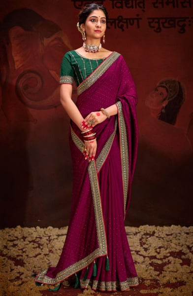 Wine Embellished Silk Georgette Saree