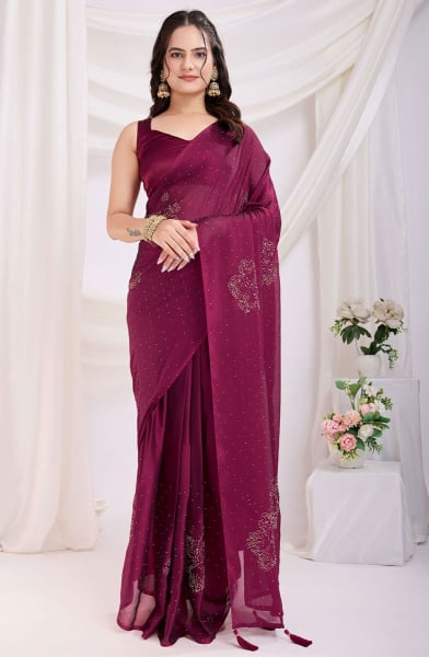 Wine Embellished Silk Ready to Wear Saree