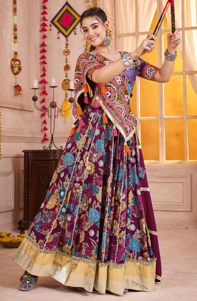 Wine Embellished Viscose Cotton Chaniya Choli