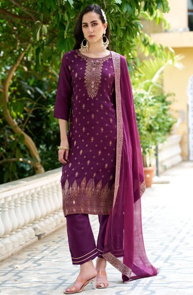 Wine Embellished Viscose Rayon Readymade Suit