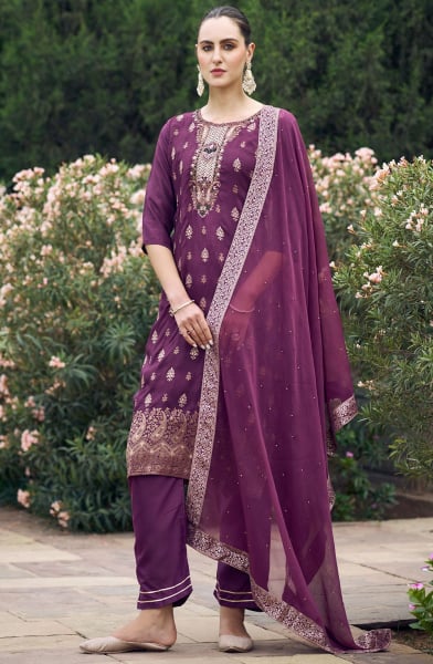 Wine Embellished Viscose Rayon Readymade Suit