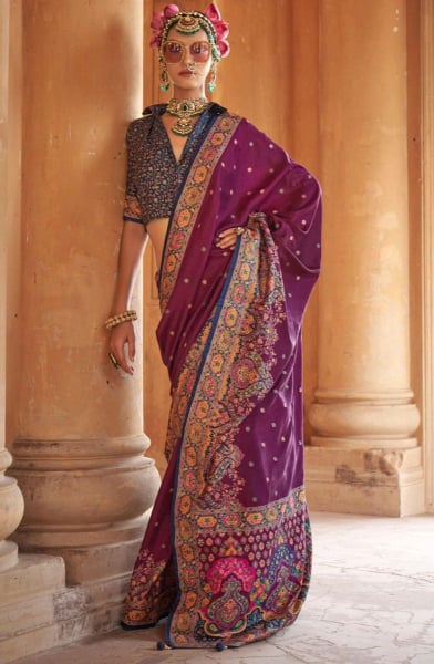 Wine Embellished Viscose Silk Saree