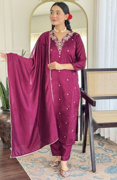 Wine Embroidered Art Silk Readymade Pant Kameez
