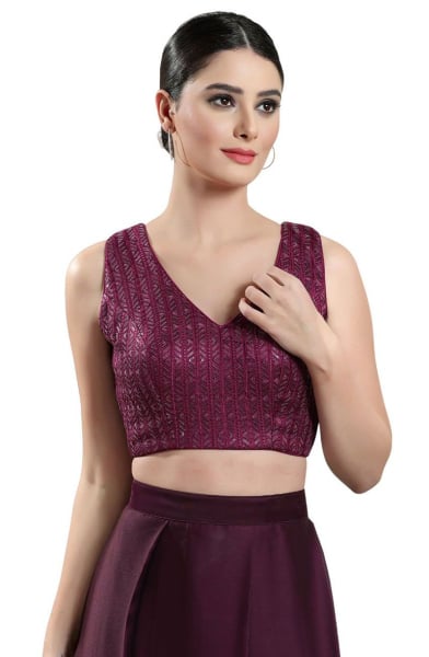 Wine Embroidered Brocade Blouse